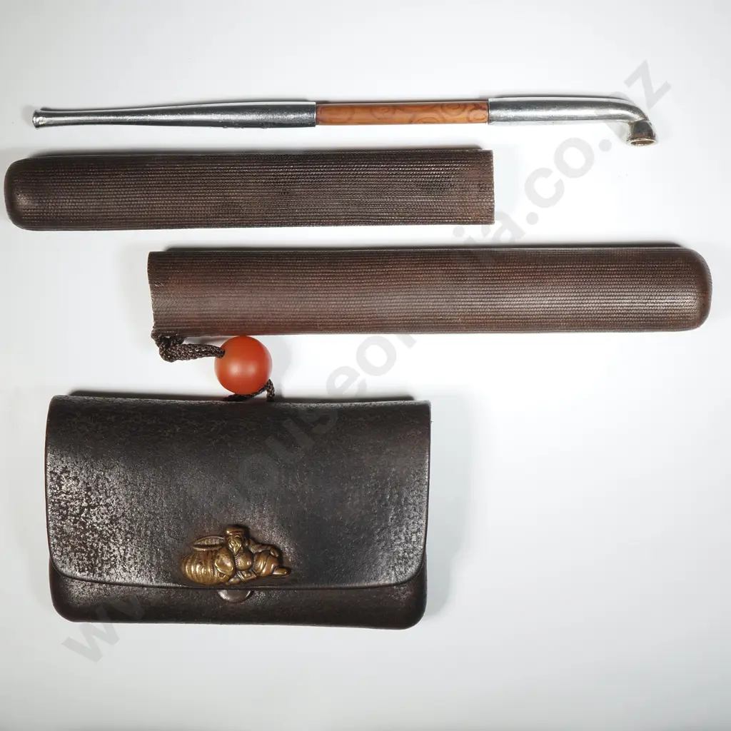 Antique Chinese Opium Pouch & Opium Pip in Leather Case Image 1++