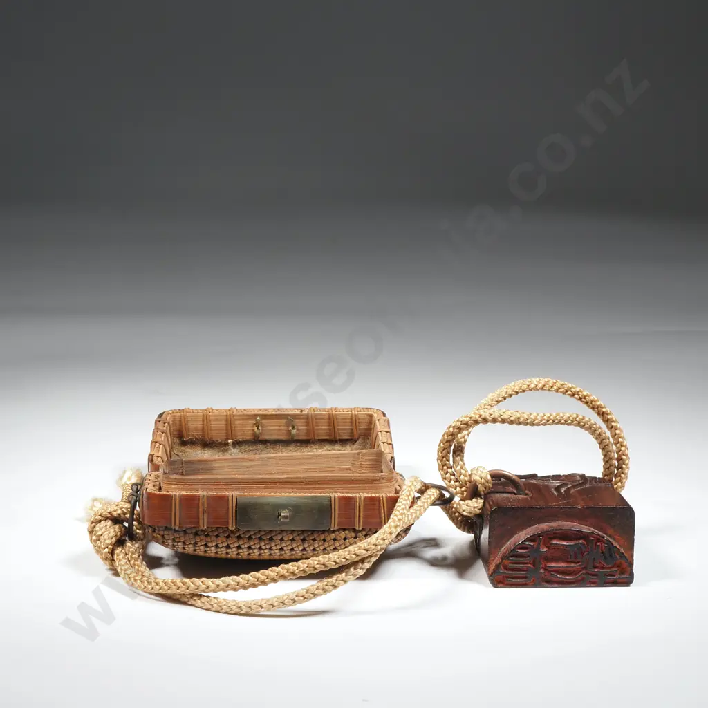 Japanese Antique Woven Bamboo Medicine Box With An Attached Wooden Stamp or Chop Signed & Decorated With A Lotus Leaf  Image 1++