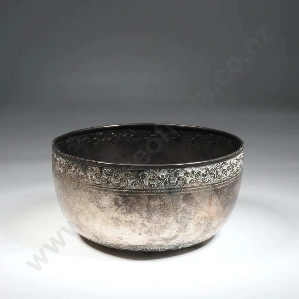 Silver Bowl w Scroll Decoration To Rim And Base. Asian Marks To Base Of Bowl Image 1++