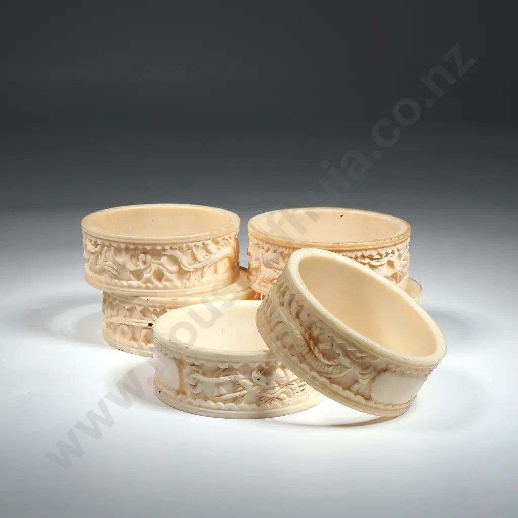 Set Of Six  Carved  Bone Napkin Rings Image 1++
