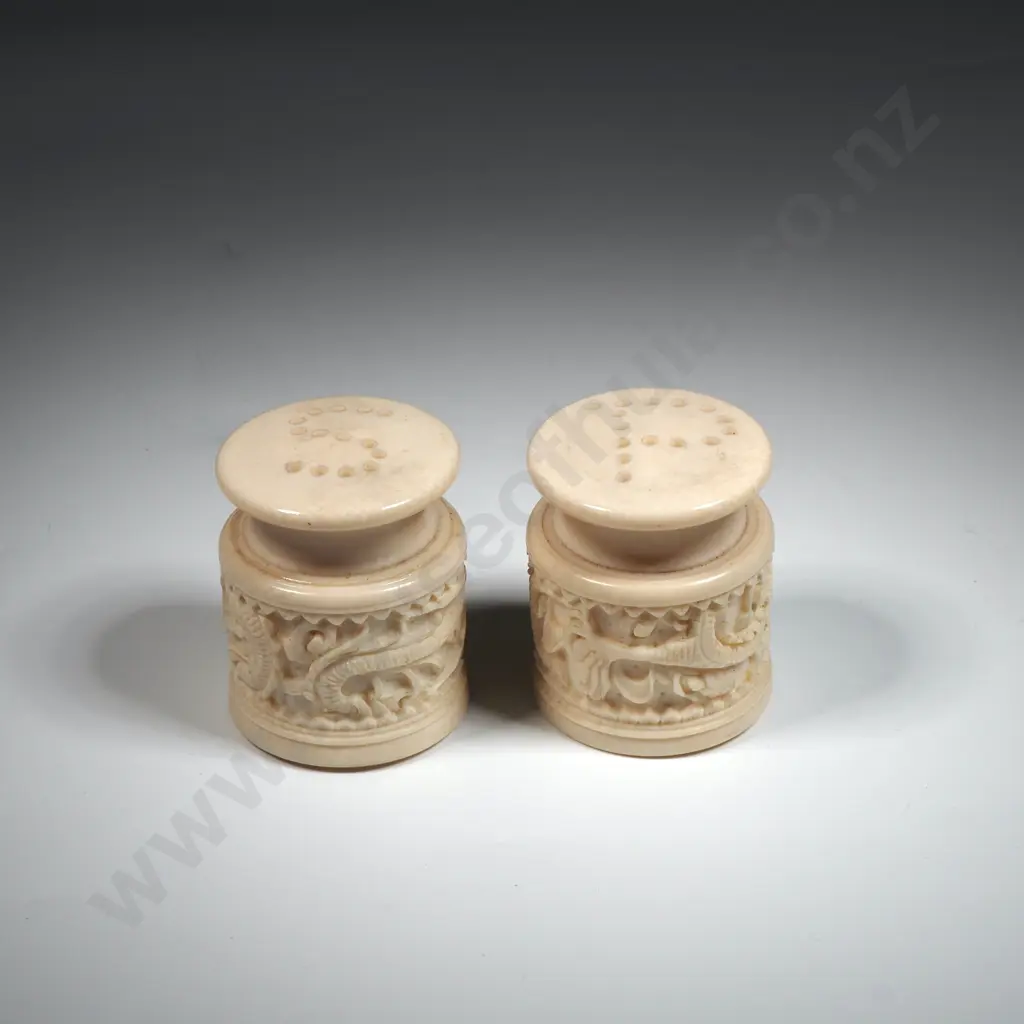 Pair Of Carved Bone Salt & Pepper Shakers. Image 1++