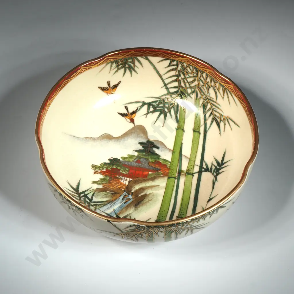 Japanese Satsuma Bowl. Cream Ground Decorated With Bamboo, Pagoda & Birds.  Image 1++