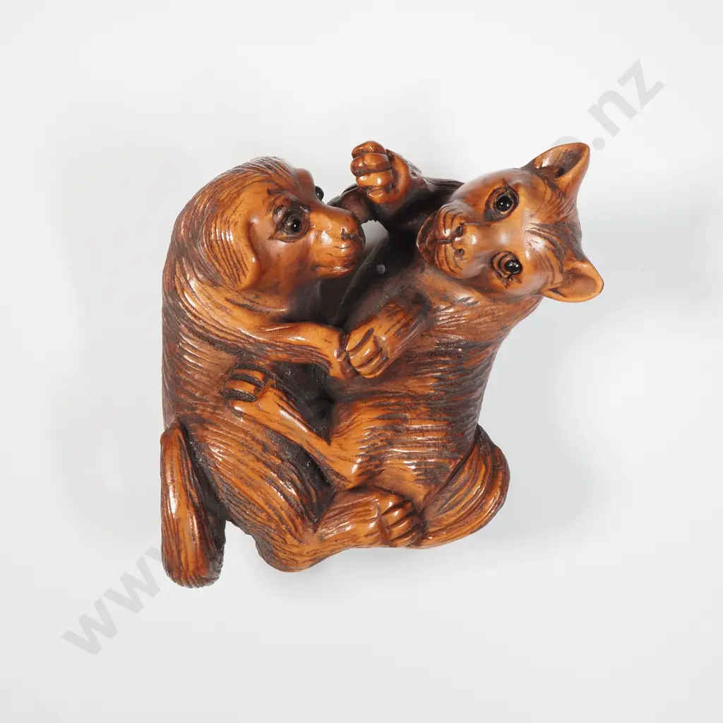 Wooden Netsuke Of Two Dogs Playing  Image 1++