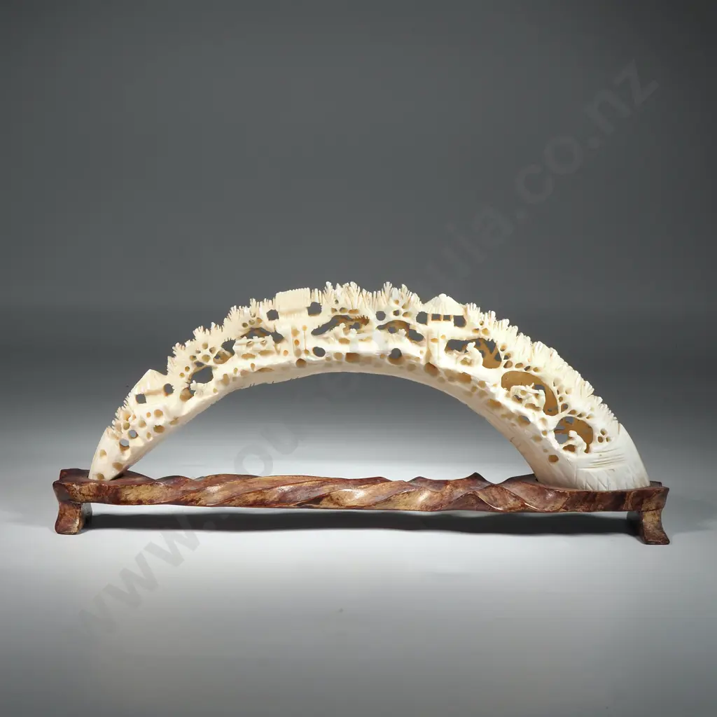 Carved Ivory Tusk Bridge On Wooden Stand A/F Image 1++