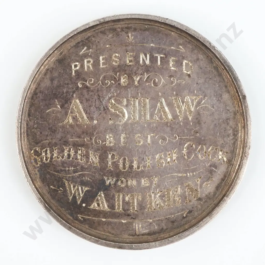 1892 Otago Poultry Club Presented by A Shaw for Best Golden Polish Cock to W Aitken Image 1++