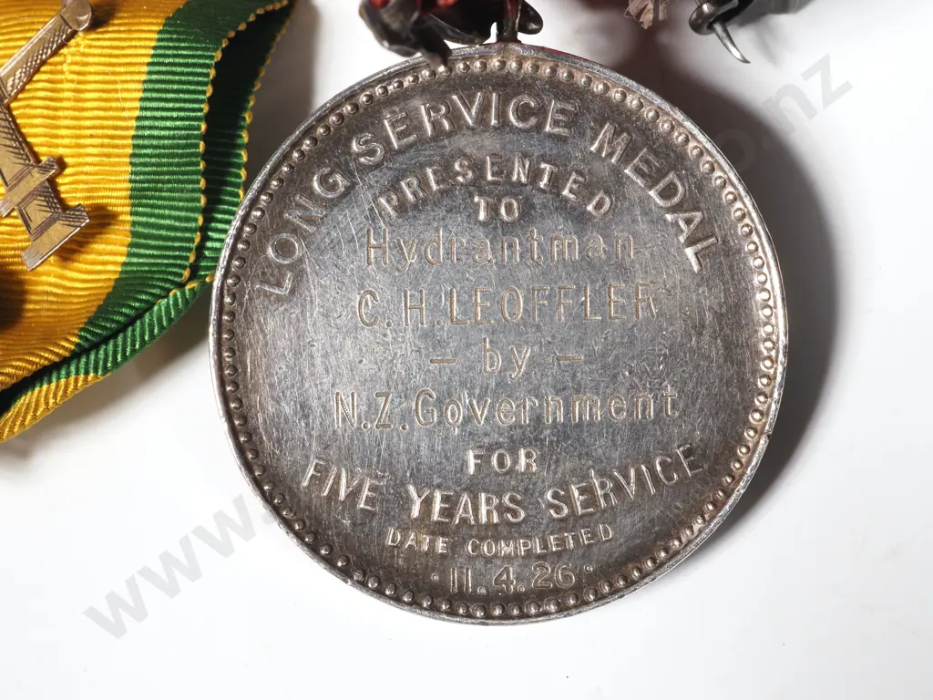 1926 UFBA Silver Medal to C Leoffler by NZ Government &1924 9ct Gold Hillside Firebrigade Medal  Image 1++