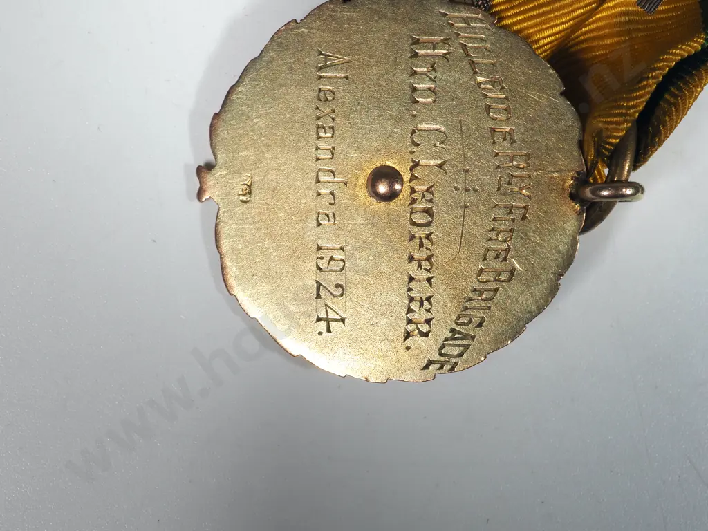1926 UFBA Silver Medal to C Leoffler by NZ Government &1924 9ct Gold Hillside Firebrigade Medal  Image 1++