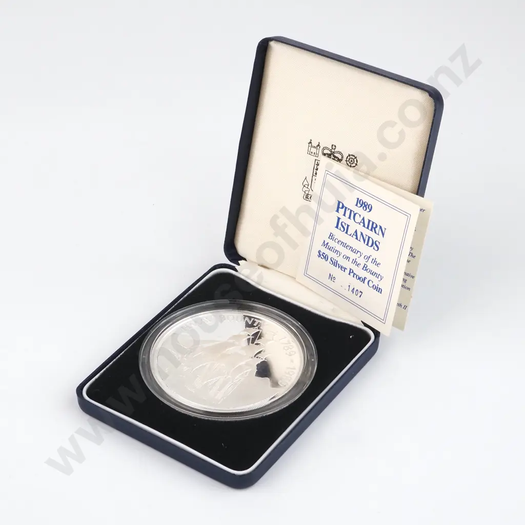 Pitcairn Islands Cased 1989 $50 Silver proof Coins -155.6 Grams .999 Silver (5 Troy Ounces)  Image 1++