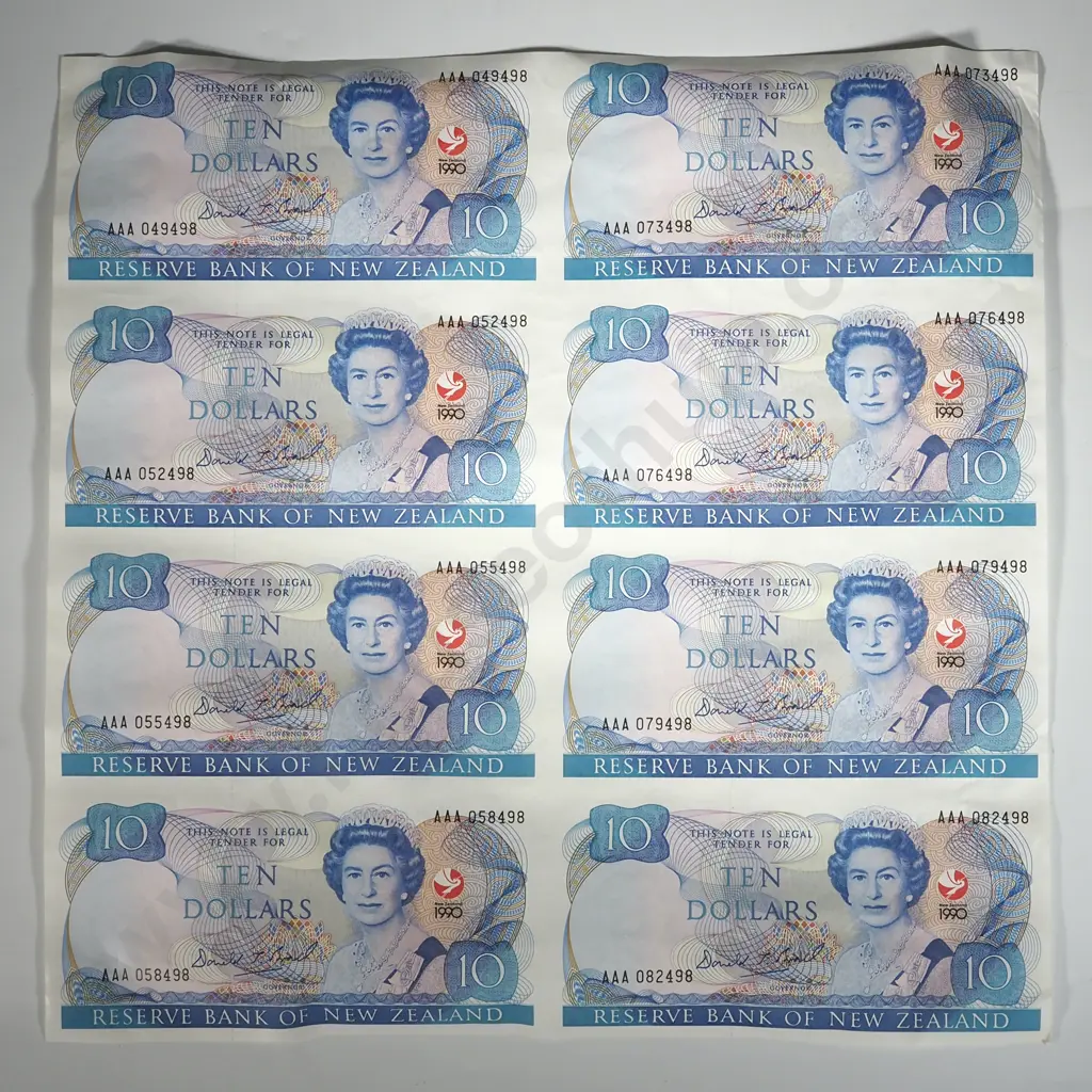 New Zealand Uncut Sheet of 8 1990 Ten Dollar Brash Banknotes  Image 1++