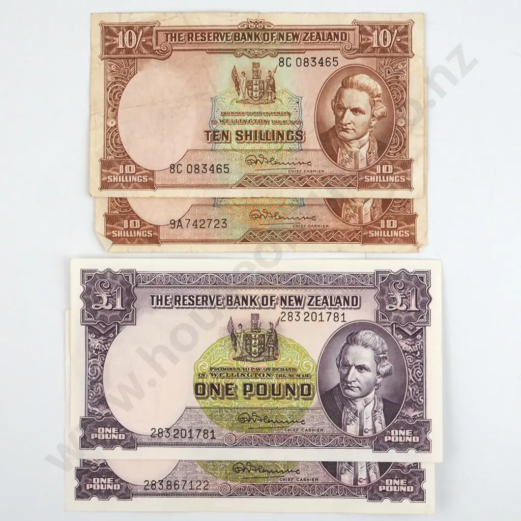 Two New Zealand Fleming 10 Shilling & Two One Pound Banknotes  Image 1++