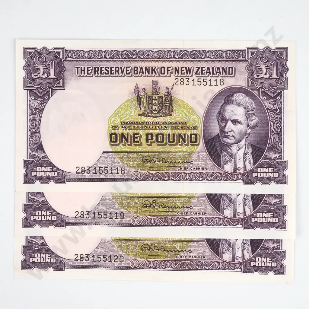 Three Consecutive New Zealand Fleming One Pound Banknotes UNC  Image 1++