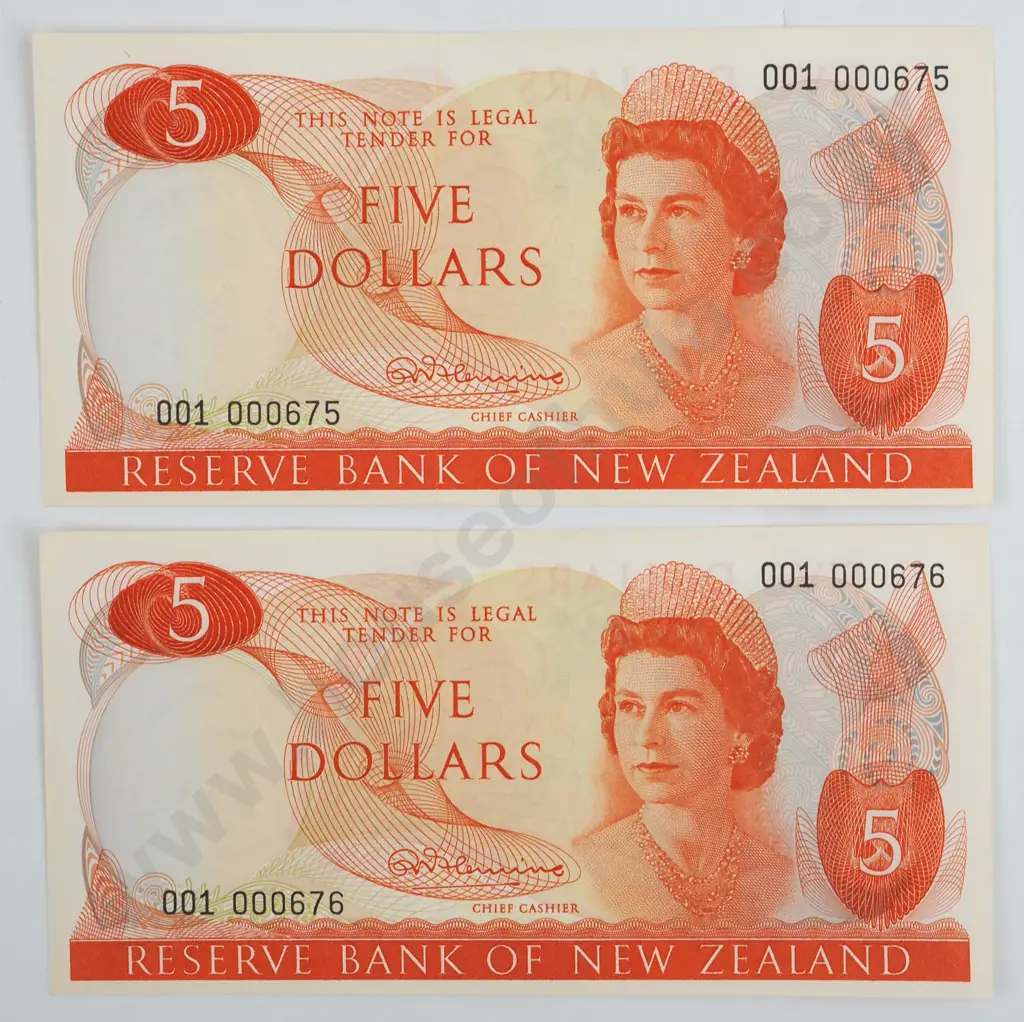 Consecutive Pair of Fleming First Prefix Five Dollar Banknotes UNC CV $300  Image 1++