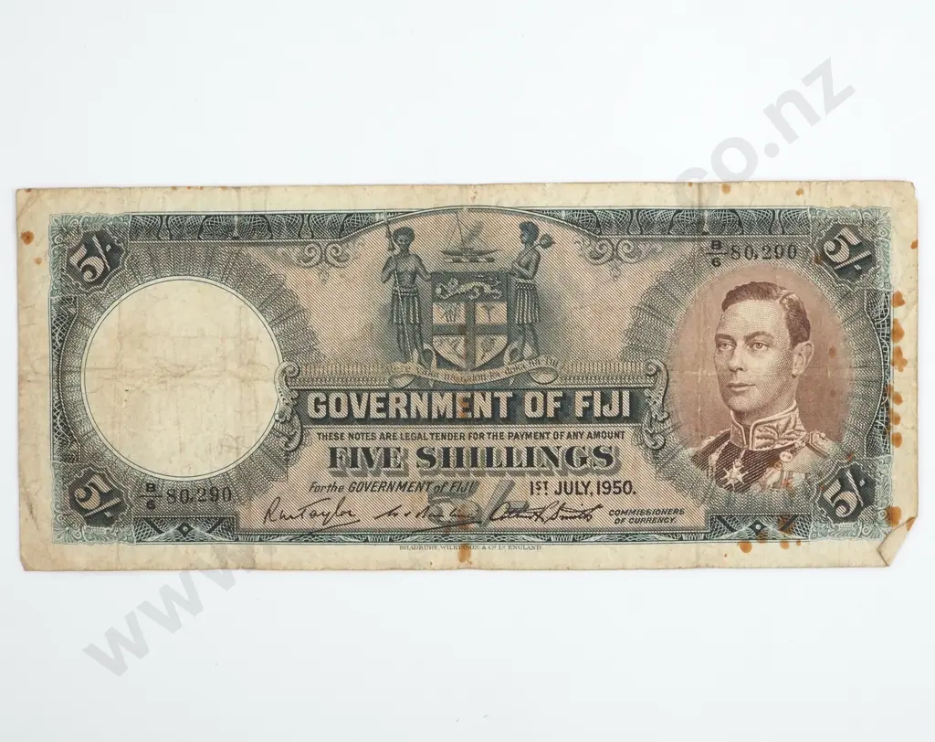 1950 Fiji Five Shilling Banknote  Image 1++