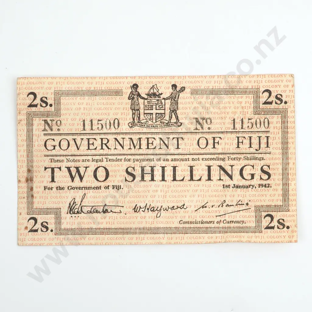 Government of Fiji 1942 Two Shilling Banknote  Image 1++