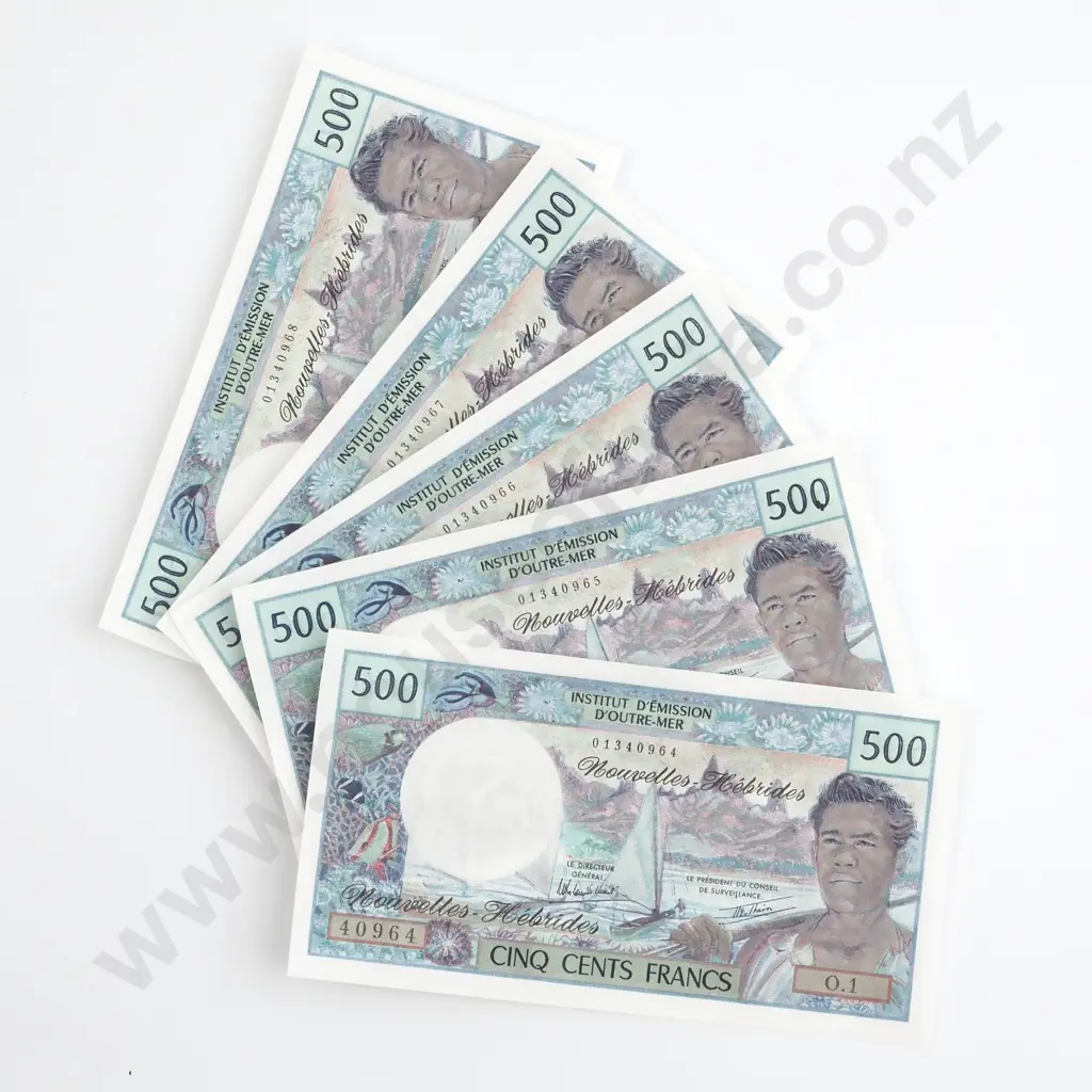 5 Consecutive New Hebrides 500 Francs - Paper Rippled as Issued - CV $675 USD Image 1++