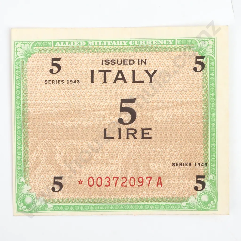 Allied Military Currency 5 Lire Star Banknote - Series 1943  Image 1++