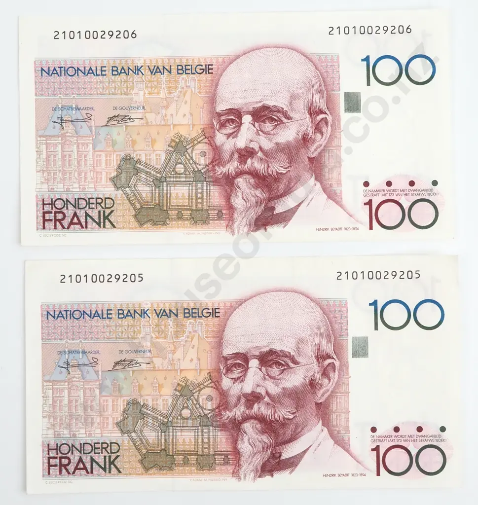Two Consecutive AUNC 100 Franc Belgian Banknotes  Image 1++