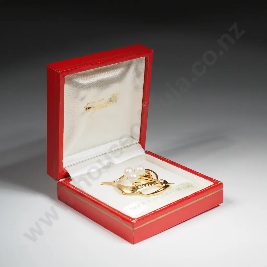 Boxed Toyomoto 14ct Gold Plate on Silver & Cultured Pearl Brooch Image 1++
