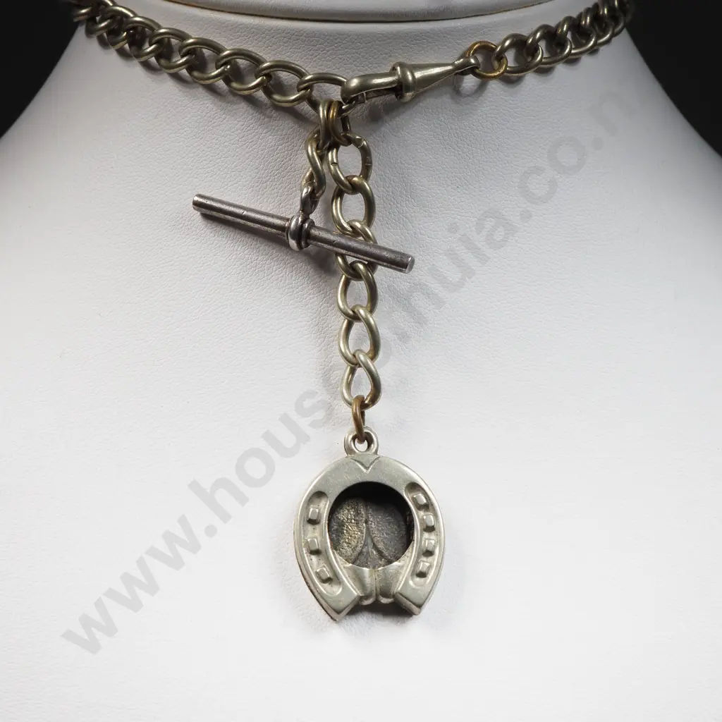 Silver Plate Curb Link Fob Chain w Horse Shoe Pendant Image 1++