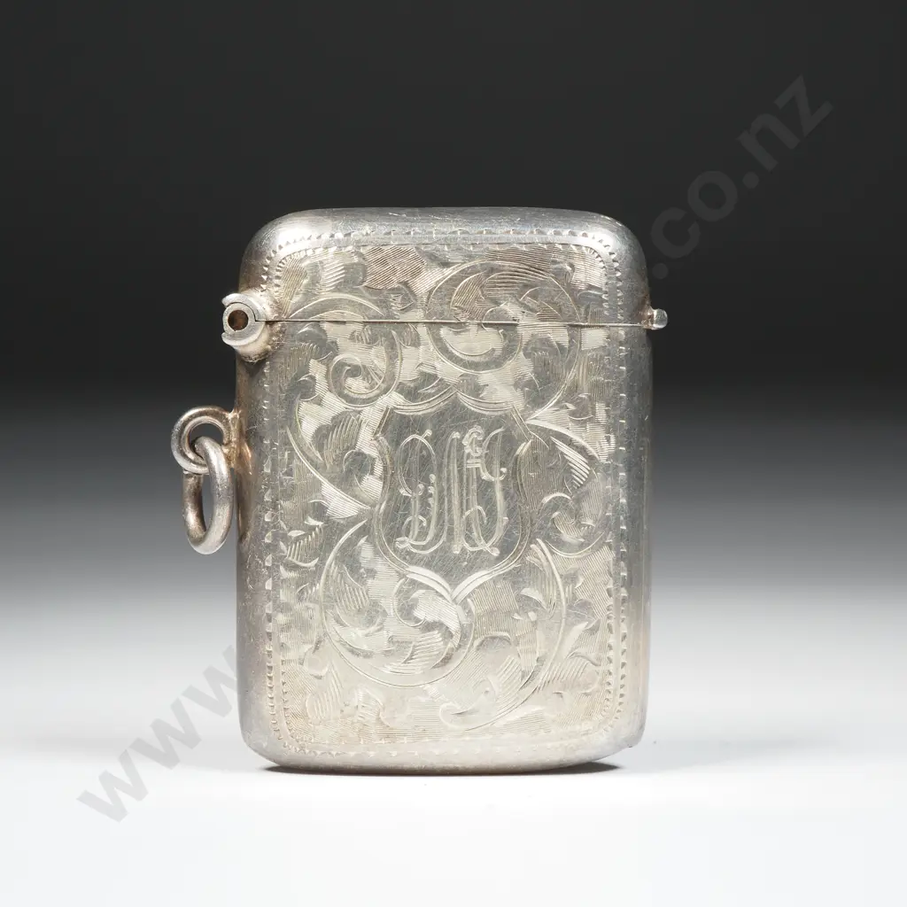 Sterling Silver Vesta Box w Scroll & Leaf Decoration - Initials DMJ Image 1++