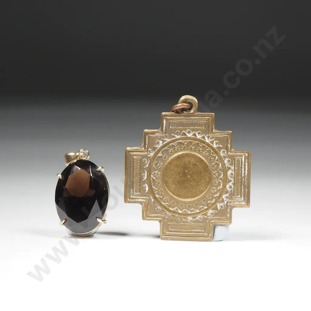 Brass Medallion, Facetted Stone Pendant w Gold Plate Frame Image 1++