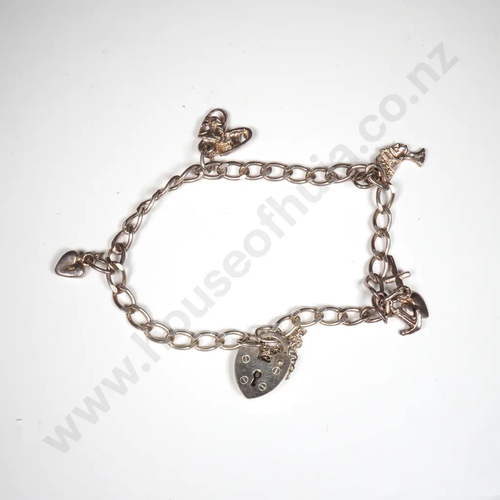 Sterling Silver Charm Bracelet w Small Charms & Heart Locket  Image 1++