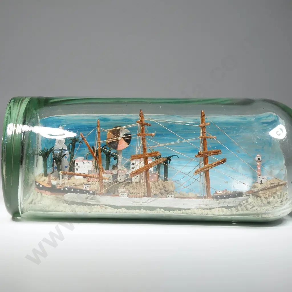 Vintage Ship In a Bottle Featuring a Painted Cityscape to Background with A Sculptural Sea Image 1++