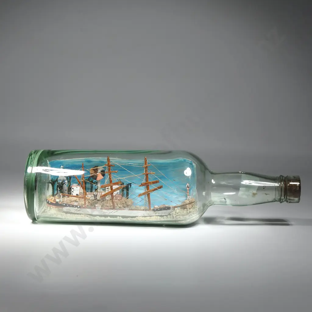 Vintage Ship In a Bottle Featuring a Painted Cityscape to Background with A Sculptural Sea Image 1++