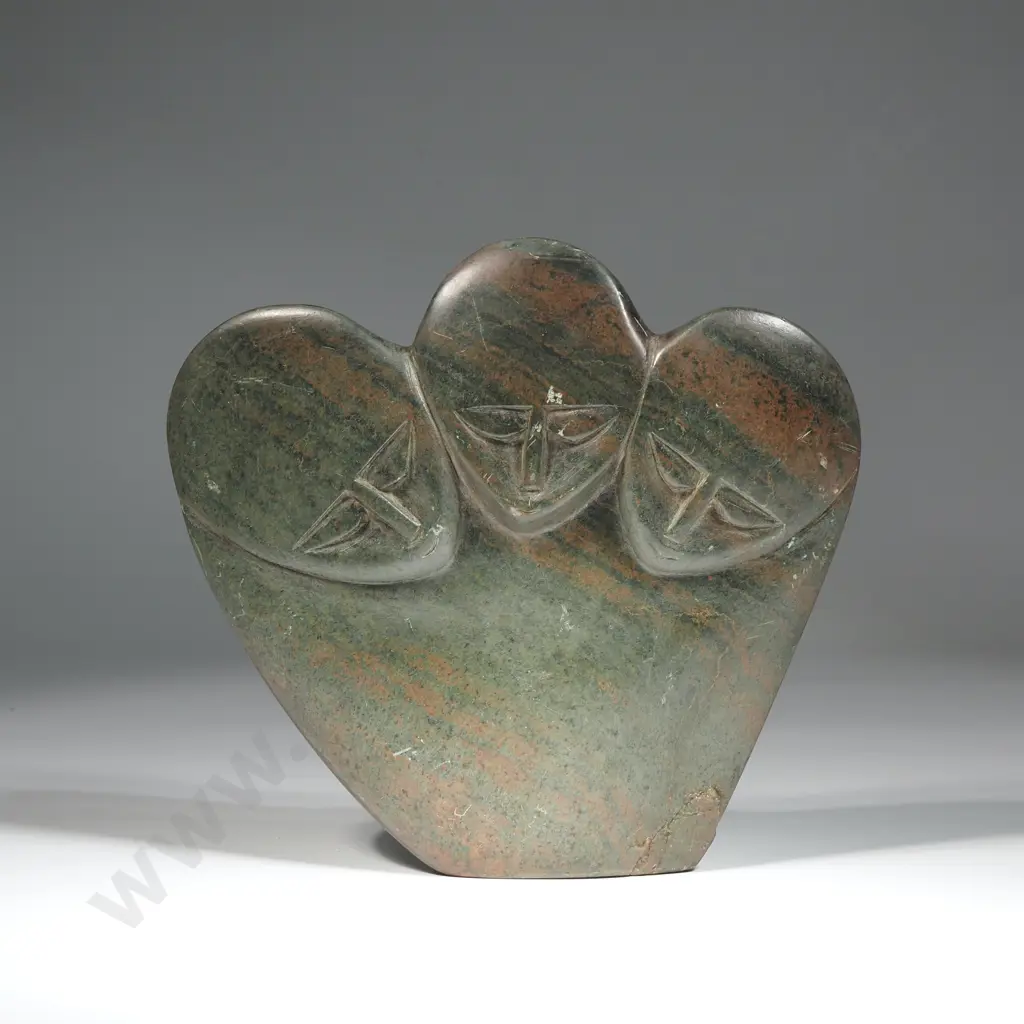 Shona Stone Sculpture Probably From  Zimbabwe Featuring Three Stylised Faces Image 1++