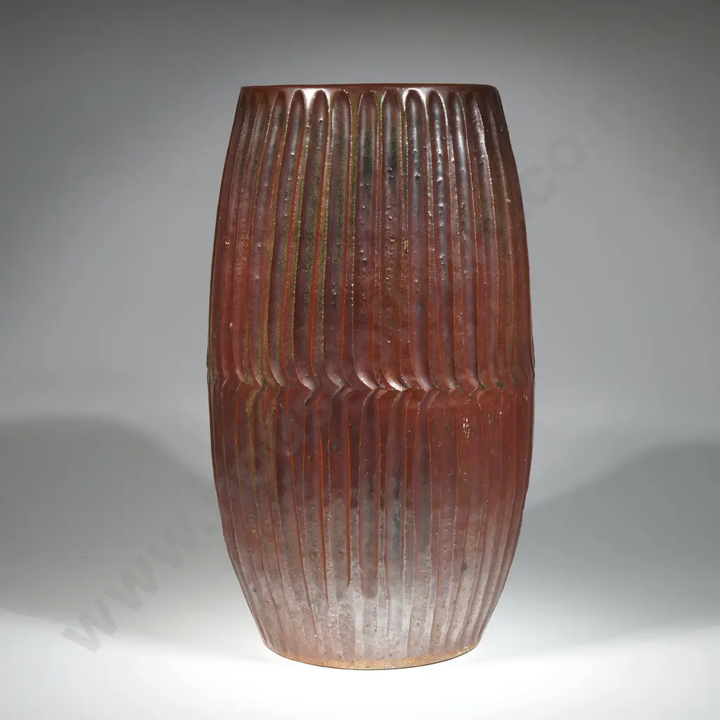 Japanese Ribbed Brown Glazed Pedestal w a Leaf Shaped Opening at the Top Image 1++