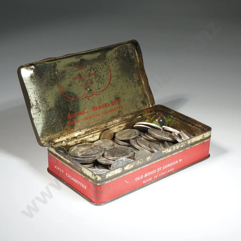 Benson & Hedges Cigarette Tin w New Zealand Silver Coins -5, 10, 20 & 50 cents  Image 1++