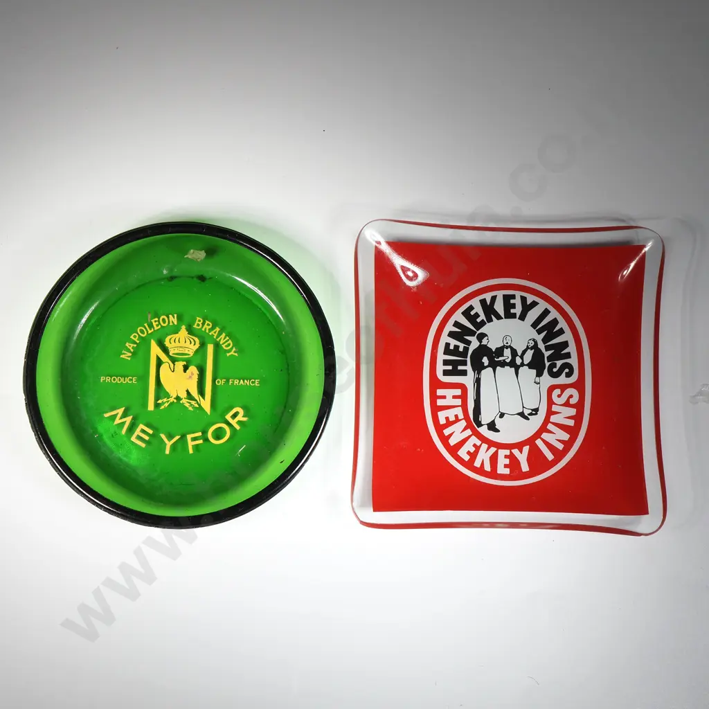 Napoleon Brandy Meyfor Advertising  Glass Circular Glass Ashtray & A Henekey Inns Advertising Square Glass Ashtray Image 1++