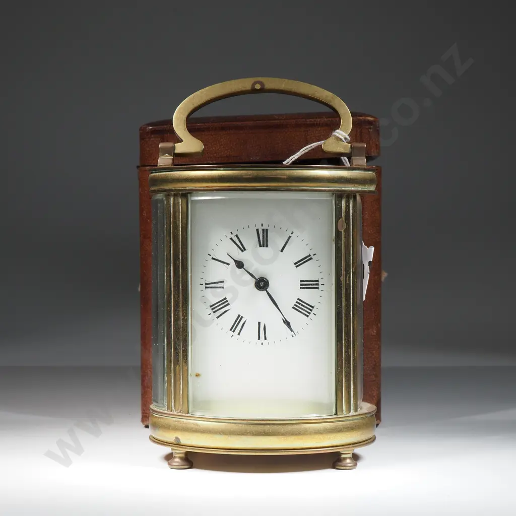 French Brass Oval Carriage Clock w Enamel Dial & Bowed Bevelled Glass. In Original Leather Carrying Case  Image 1++