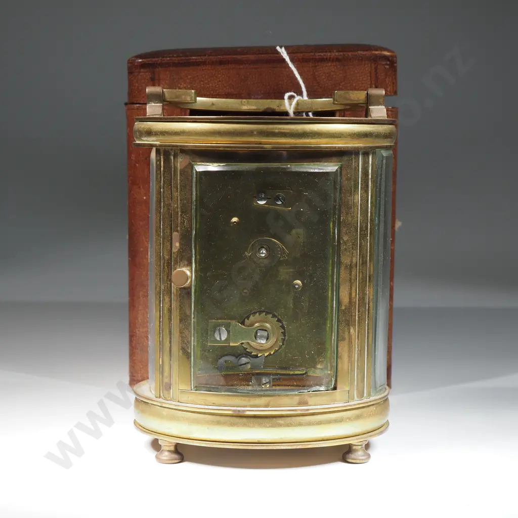 French Brass Oval Carriage Clock w Enamel Dial & Bowed Bevelled Glass. In Original Leather Carrying Case  Image 1++