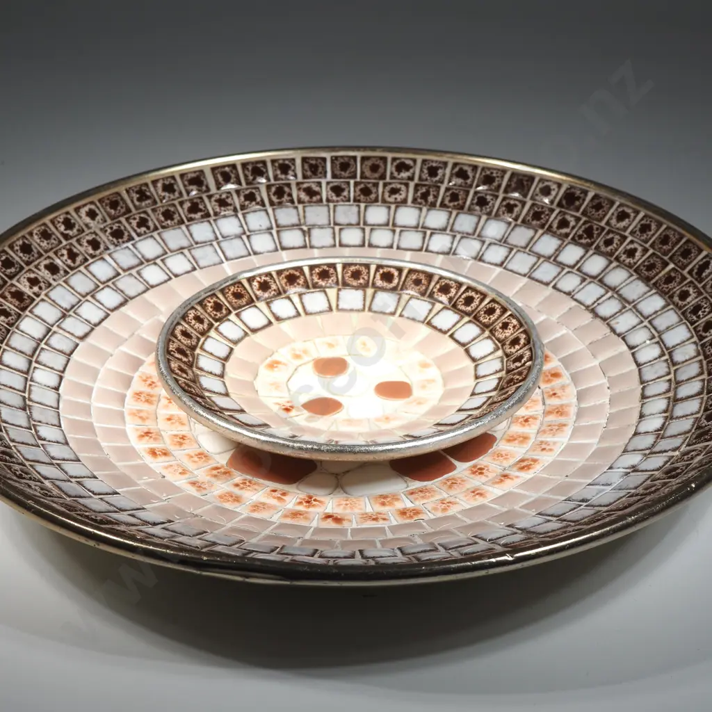 Two John Crichton Style Golden Aluminium Brown & Orange Toned Mosaic Bowls. Image 1++