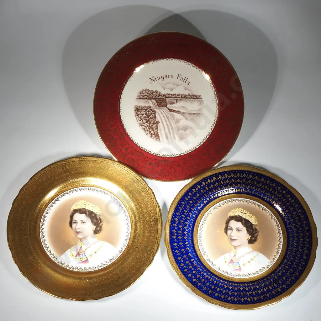 Two Aynsley Queen Elizabeth Commemorative Plates & An Enco "Niagara Falls" View of America Plate  Image 1++
