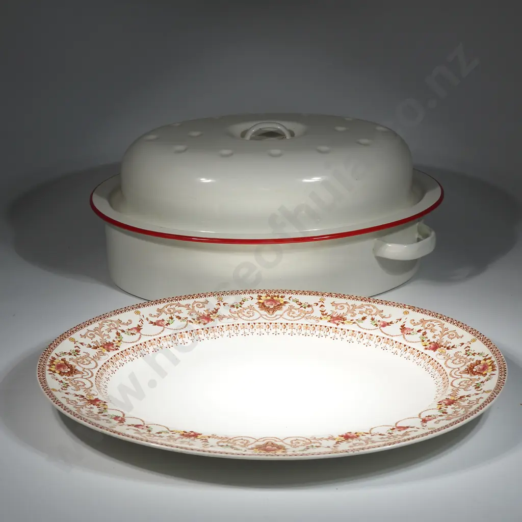 Antique Empire Ashet  & An Enamel Covered Roasting Dish Image 1++