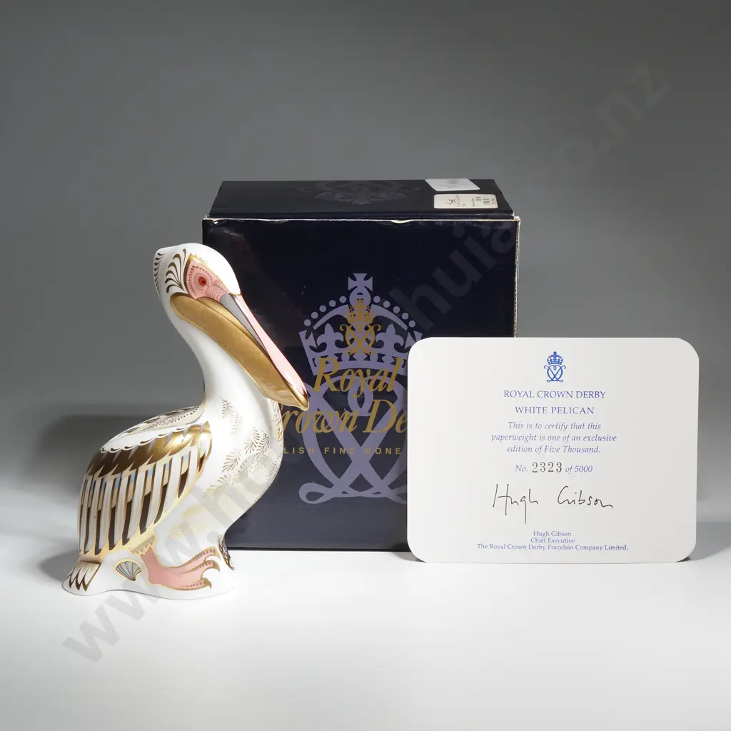 Royal Crown Derby White Pelican Paperweight with Silver Stopper. No. & Signed  2323/5000. MIB Image 1++