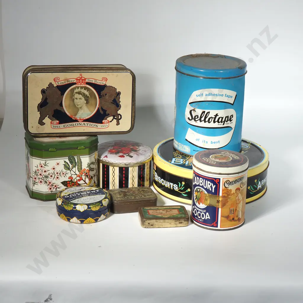 Various  Vintage Tins to Include 1953 Coronation Tin, The Ladys Own Toilet Pin Box, Rawleighs Medicated Ointments Image 1++