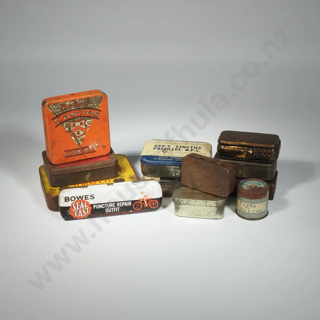Eleven Vintage Tins To Include Yankee Doodle Tobacco, Superior Wax, Pastilles, Bowes Puncture Repair Kit, Zinc Oxide   Image 1++