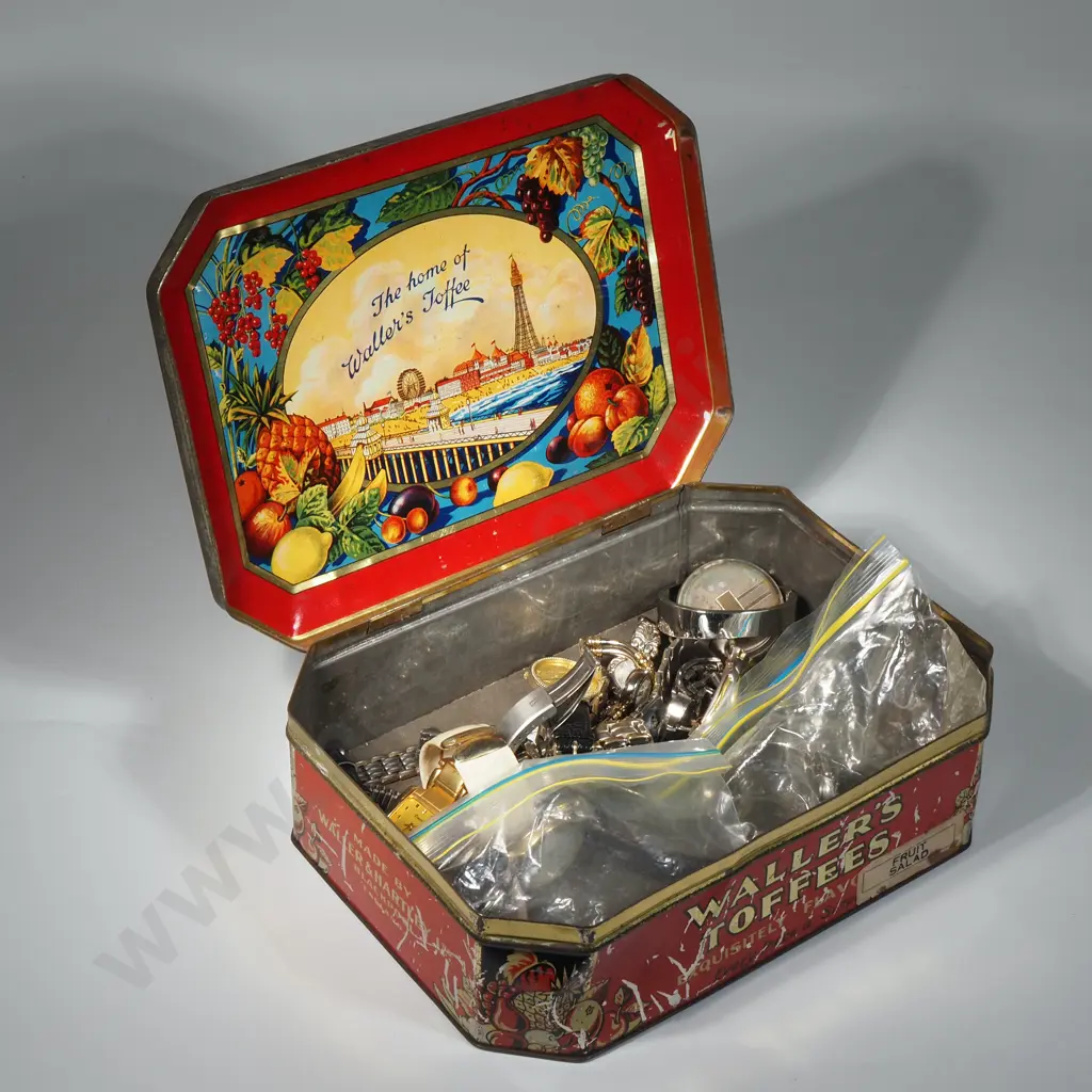 Quantity Of Watches Contained In Wallers Coffee Tin & Including Kiezle Pocket Watch & A Large Quantity Of Wristwatches Image 1++