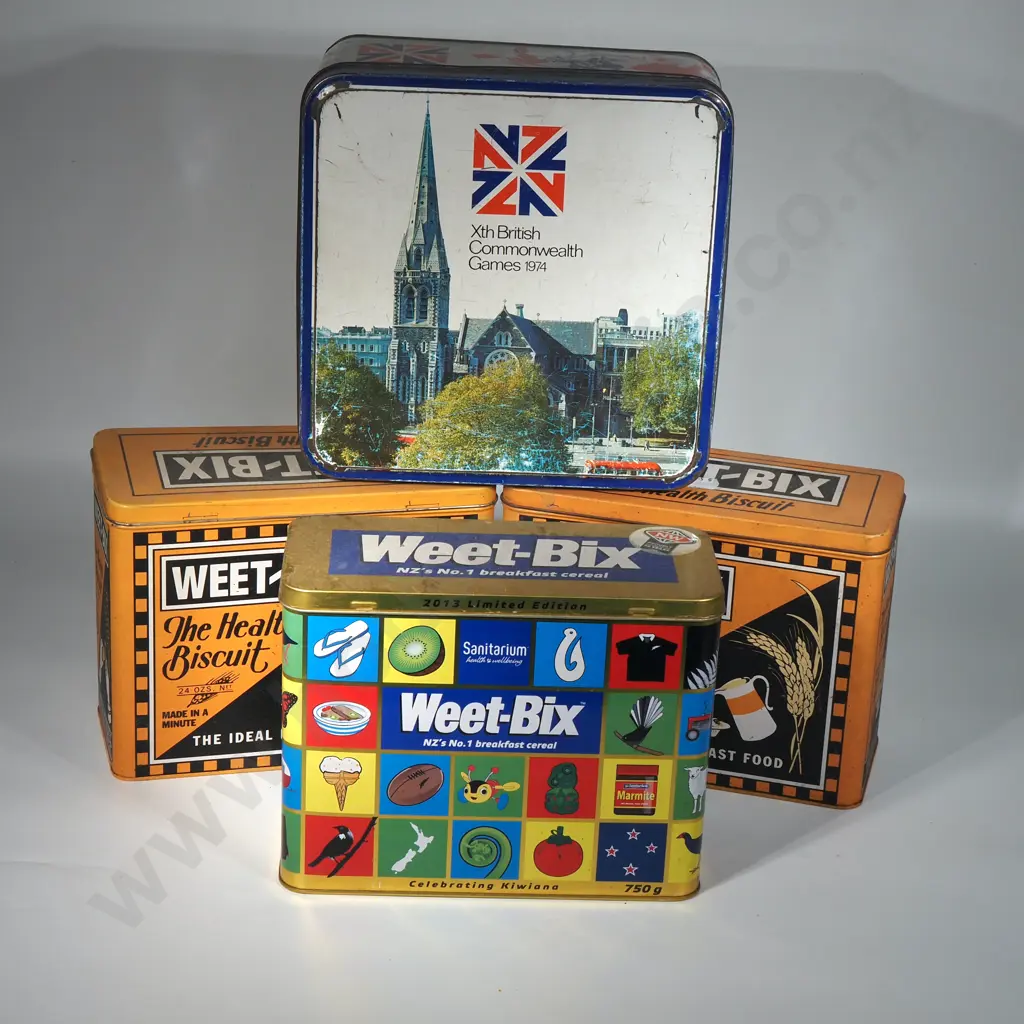 Three Vintage Weet-Bix Tins & A Commonwealth Tin Biscuit  Image 1++