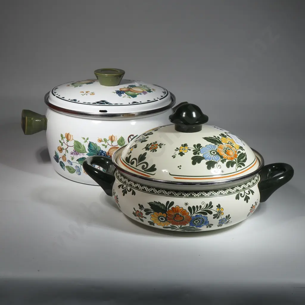 Vintage German Baumann Casserole Dish & Vintage Asta Dutch Floral Enamel Casserole Dish Image 1++