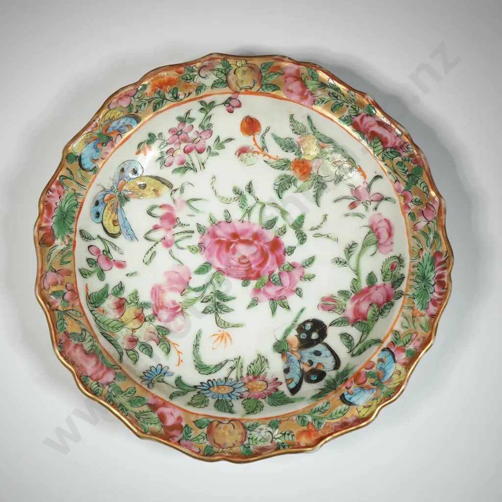 Decorative Cantonese Enamel " Famille Rose" Wall Plate With Gilt Rim, Decorated With Flowers & Butterlies. Image 1++