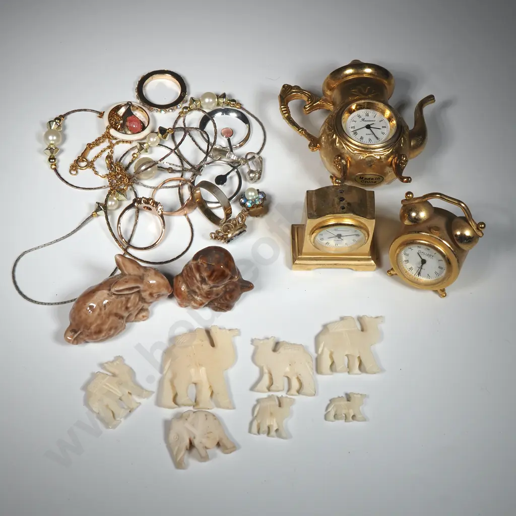 Quantity of Costume Jewellery & Miniature Bone Camels Together With  Three Miniature Novelty Clocks (one a/f)  Image 1++
