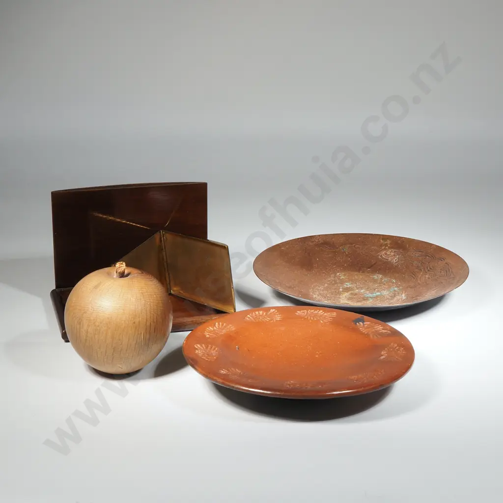 Wooden Cigarette Case,  Brass Cigarette Case, Wooden Ornamental Apple, Pottery Dish & Copper Plate  Image 1++