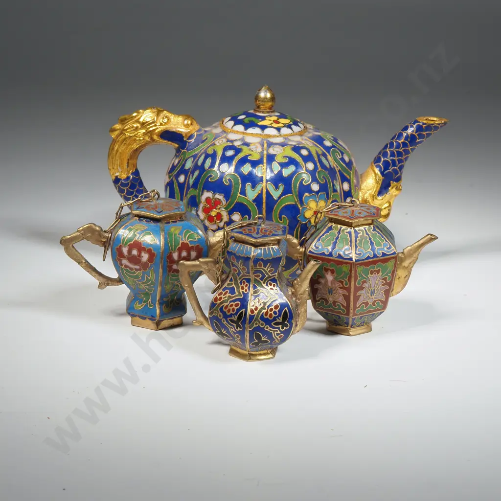 Small Cloisonne  Teapot & Three Miniature Cloisonne Teapots Image 1++