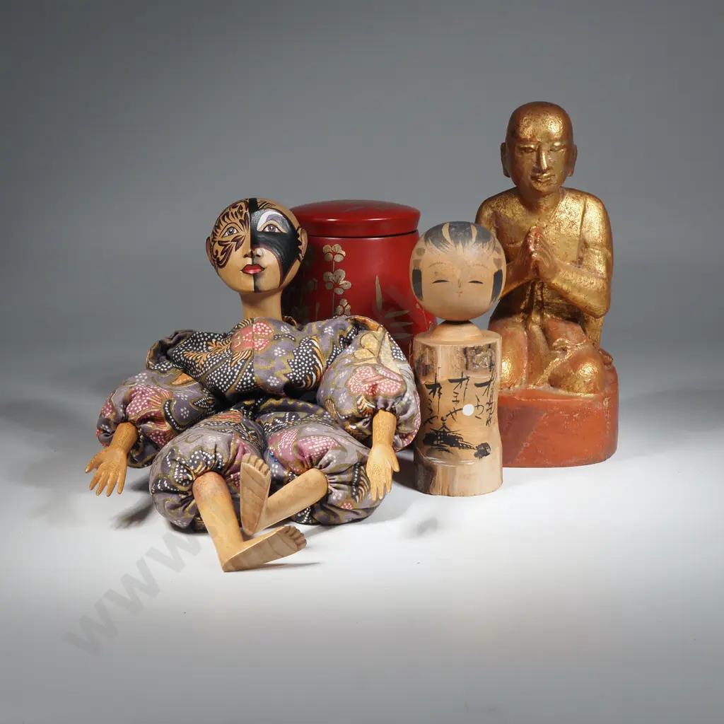 Quantity Of Oriental Items To Include An Indonesian Puppet, Kokeshi Doll, Burmese Gilded Wood Statue & A Lacquered Jar  Image 1++