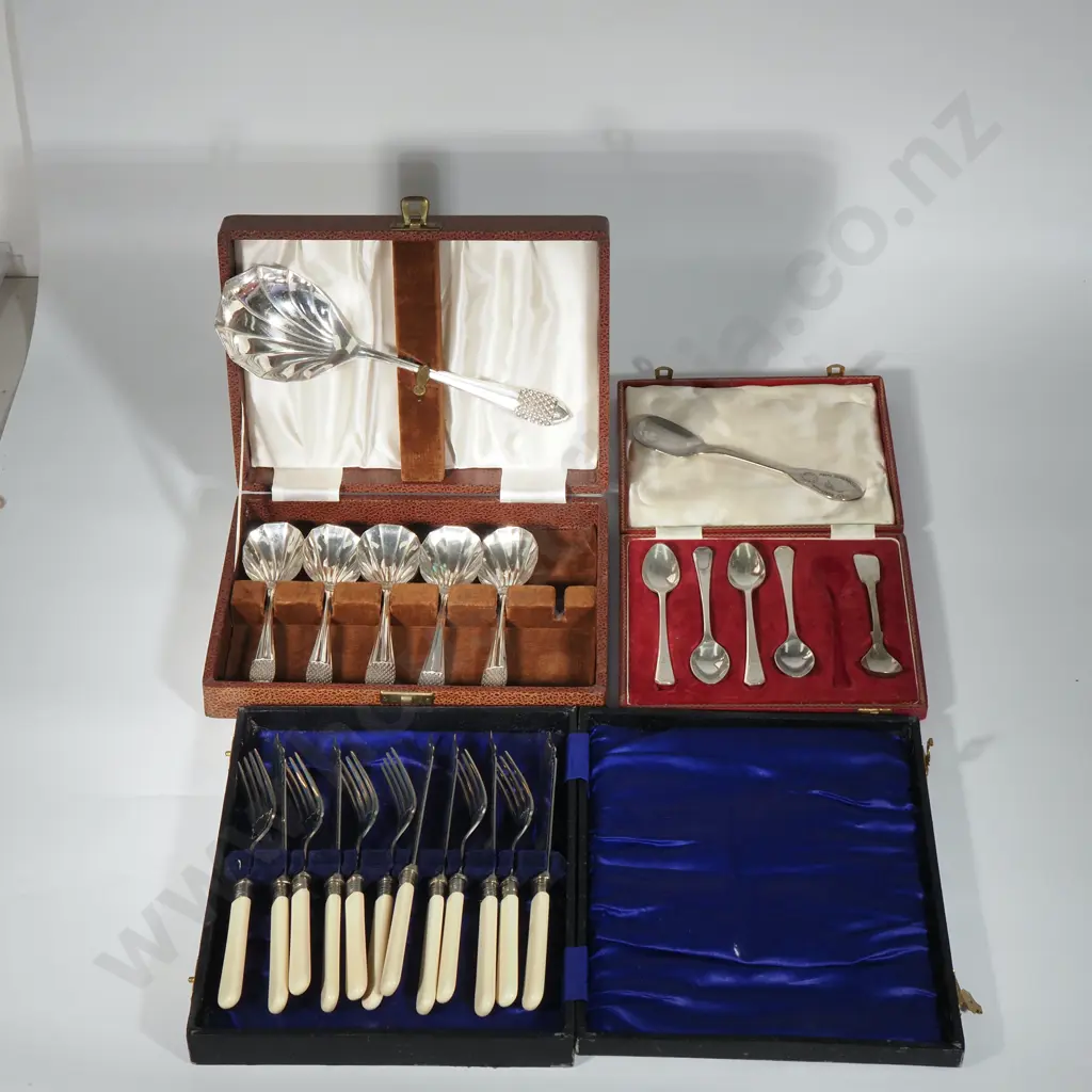 Three Vintage Boxes Of Flatware - EP Fish Knives & Forks, Six Dessert Spoons & Serving Spoon & A Part Set of Teaspoons Image 1++