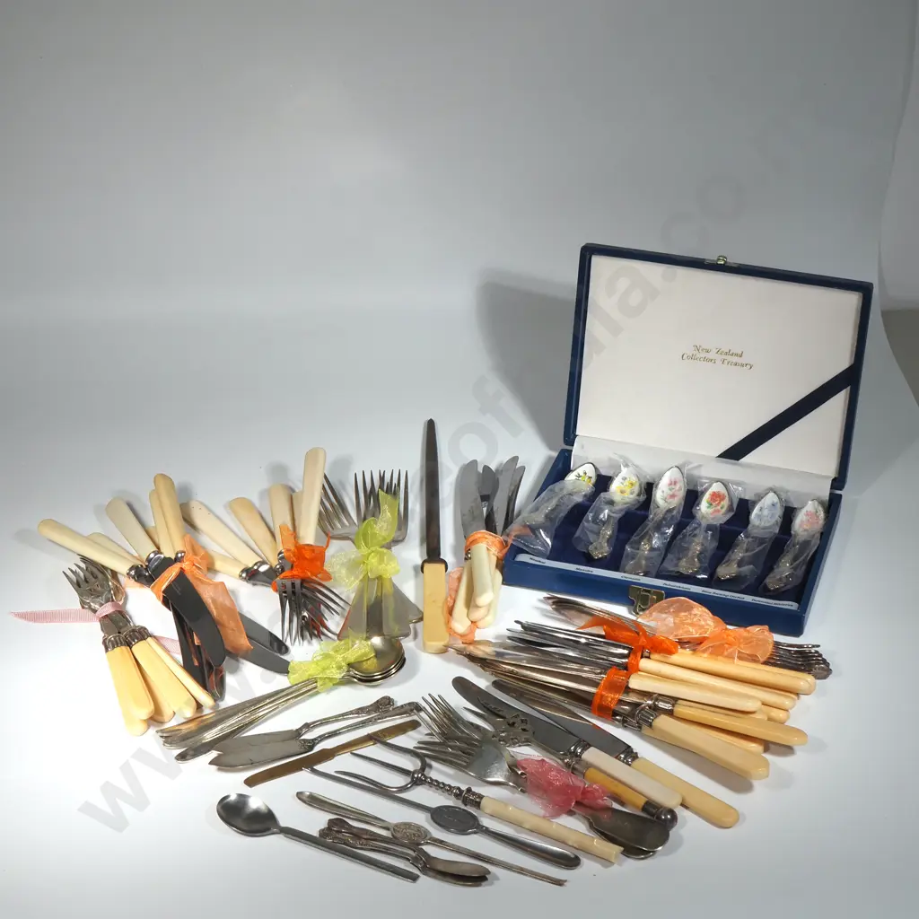 Large Quantity Of Silver Plate Including Bone Handled  Knives, Victorian Bread Forks, NZ Collectors Treasury Teaspoons Image 1++